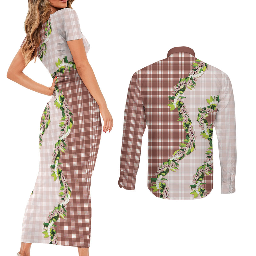 Mocha Hawaii Palaka Couples Matching Short Sleeve Bodycon Dress and Long Sleeve Button Shirt Maile Pikake Honohono Orchid Lei