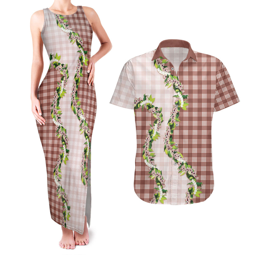 Mocha Hawaii Palaka Couples Matching Tank Maxi Dress and Hawaiian Shirt Maile Pikake Honohono Orchid Lei