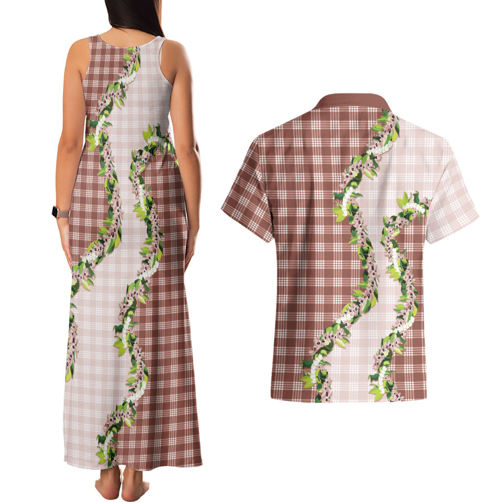 Mocha Hawaii Palaka Couples Matching Tank Maxi Dress and Hawaiian Shirt Maile Pikake Honohono Orchid Lei
