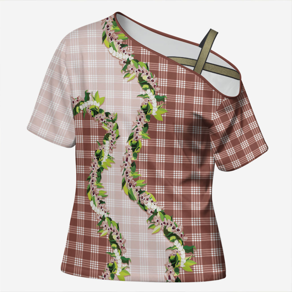 Mocha Hawaii Palaka Cross Shoulder Shirt Maile Pikake Honohono Orchid Lei
