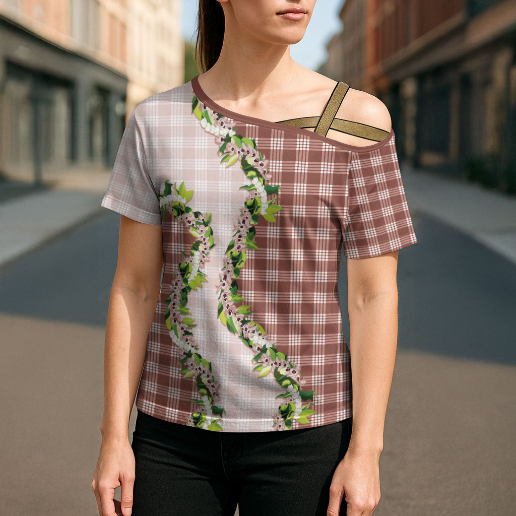 Mocha Hawaii Palaka Cross Shoulder Shirt Maile Pikake Honohono Orchid Lei