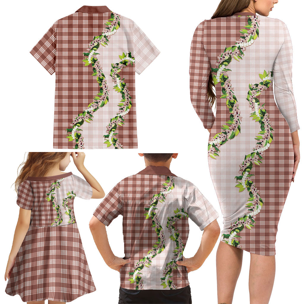 Mocha Hawaii Palaka Family Matching Long Sleeve Bodycon Dress and Hawaiian Shirt Maile Pikake Honohono Orchid Lei