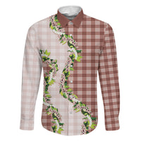Mocha Hawaii Palaka Family Matching Long Sleeve Bodycon Dress and Hawaiian Shirt Maile Pikake Honohono Orchid Lei