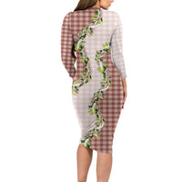 Mocha Hawaii Palaka Family Matching Long Sleeve Bodycon Dress and Hawaiian Shirt Maile Pikake Honohono Orchid Lei