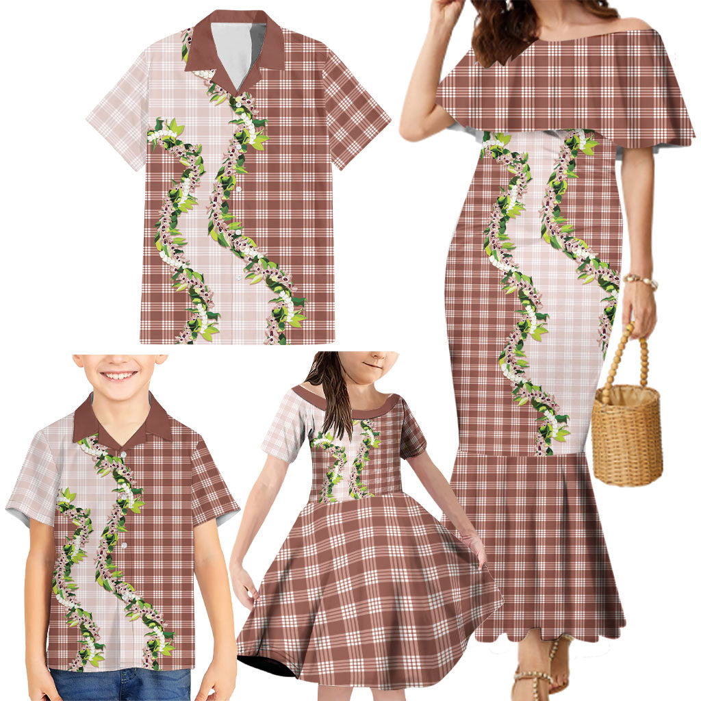 Mocha Hawaii Palaka Family Matching Mermaid Dress and Hawaiian Shirt Maile Pikake Honohono Orchid Lei