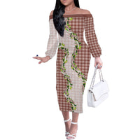 Mocha Hawaii Palaka Family Matching Off The Shoulder Long Sleeve Dress and Hawaiian Shirt Maile Pikake Honohono Orchid Lei