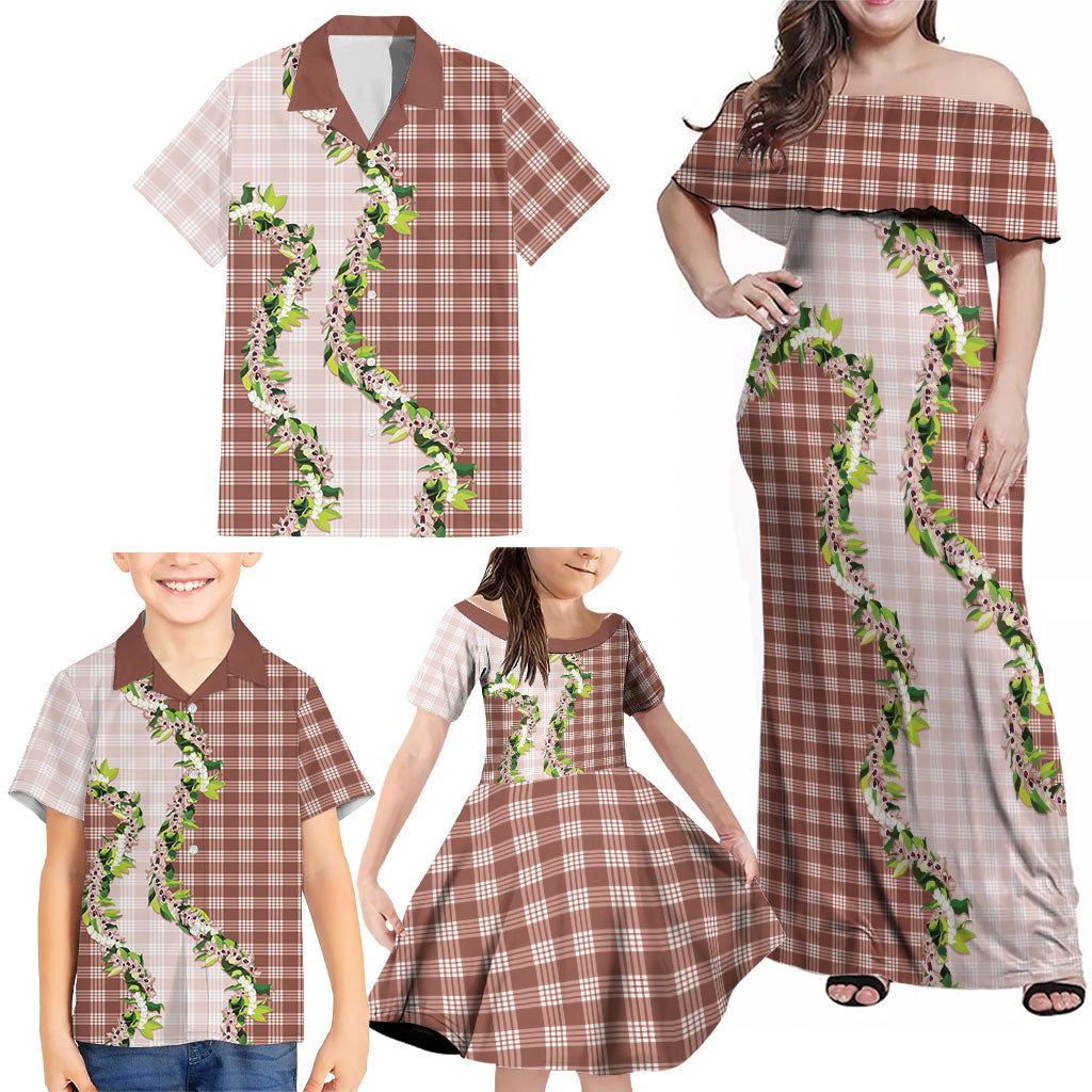 Mocha Hawaii Palaka Family Matching Off Shoulder Maxi Dress and Hawaiian Shirt Maile Pikake Honohono Orchid Lei