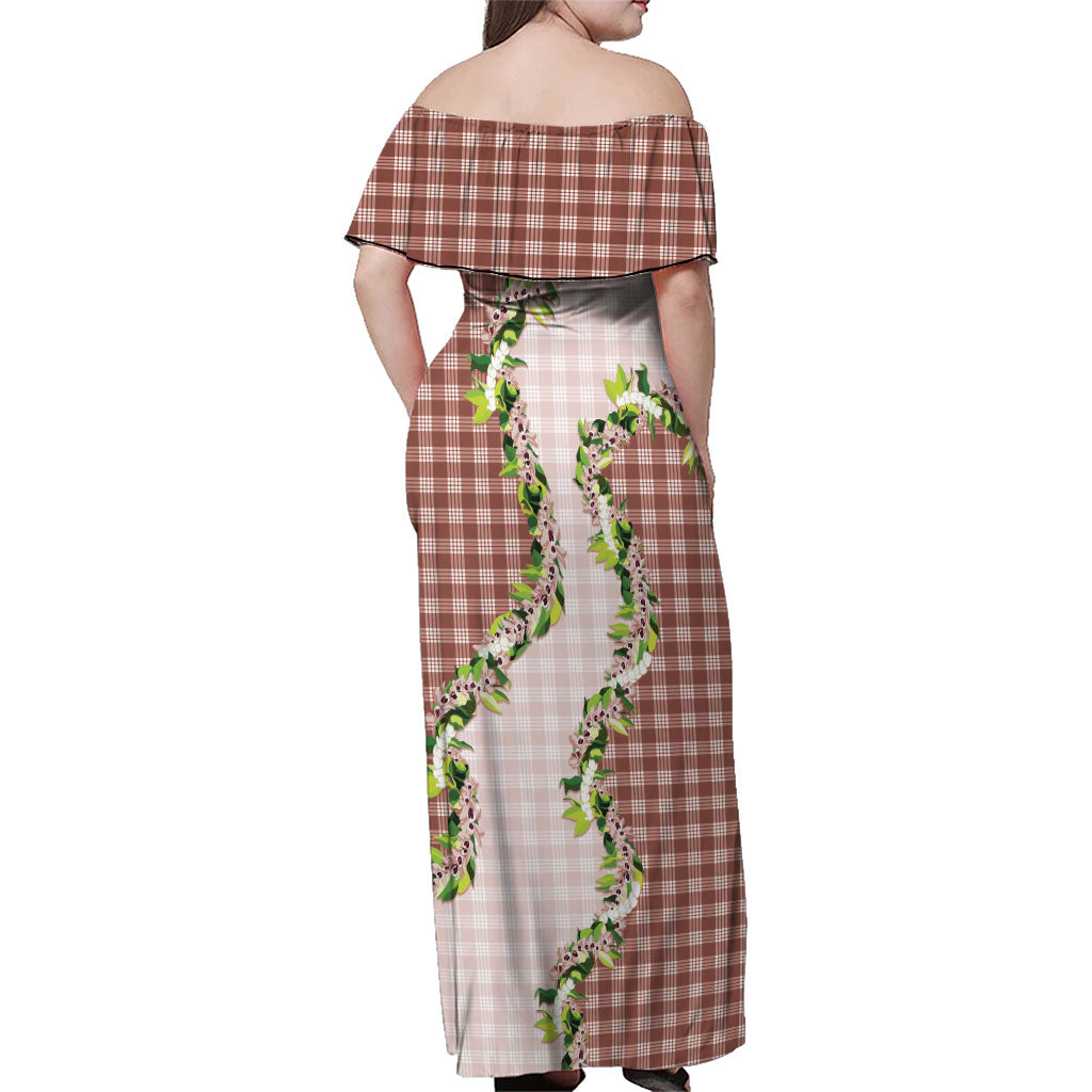 Mocha Hawaii Palaka Family Matching Off Shoulder Maxi Dress and Hawaiian Shirt Maile Pikake Honohono Orchid Lei