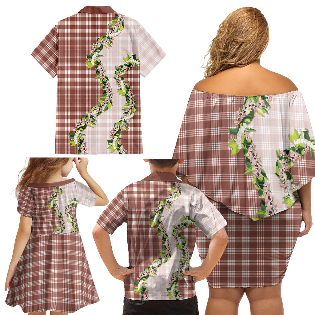 Mocha Hawaii Palaka Family Matching Off Shoulder Short Dress and Hawaiian Shirt Maile Pikake Honohono Orchid Lei