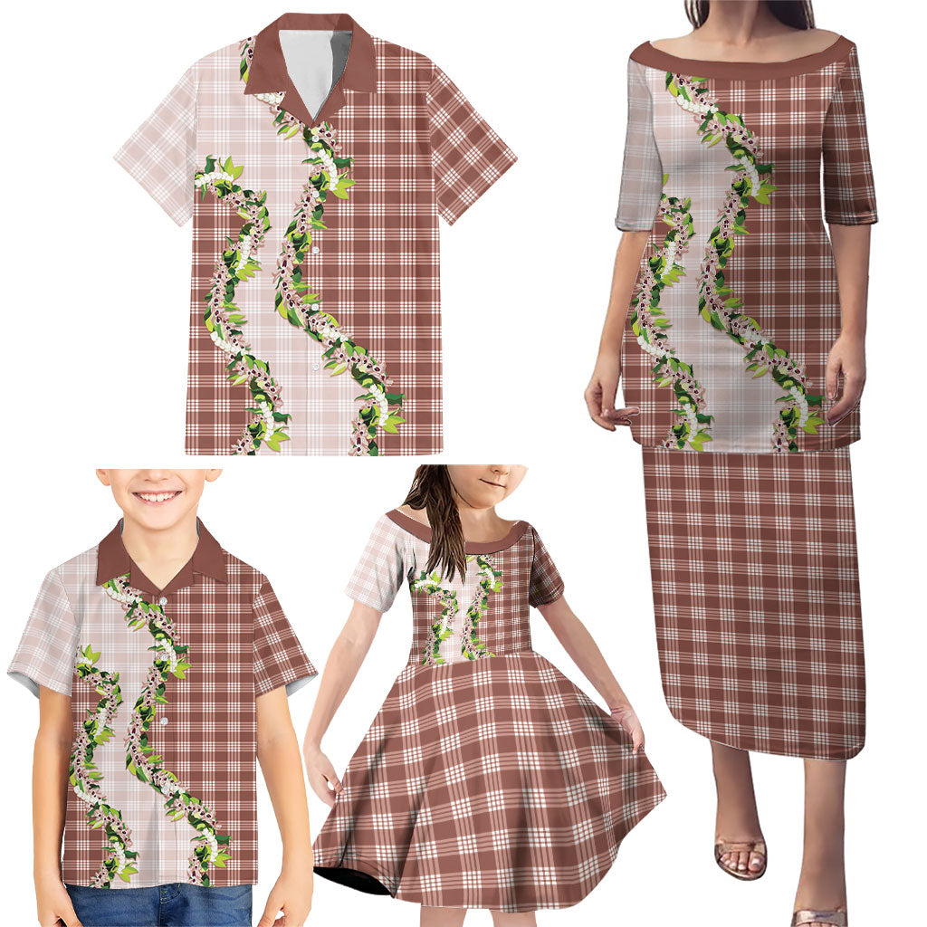 Mocha Hawaii Palaka Family Matching Puletasi and Hawaiian Shirt Maile Pikake Honohono Orchid Lei