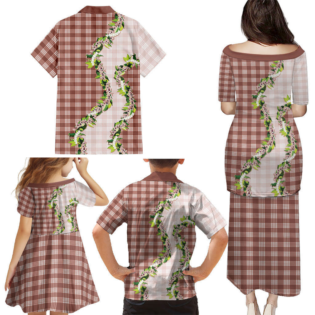 Mocha Hawaii Palaka Family Matching Puletasi and Hawaiian Shirt Maile Pikake Honohono Orchid Lei