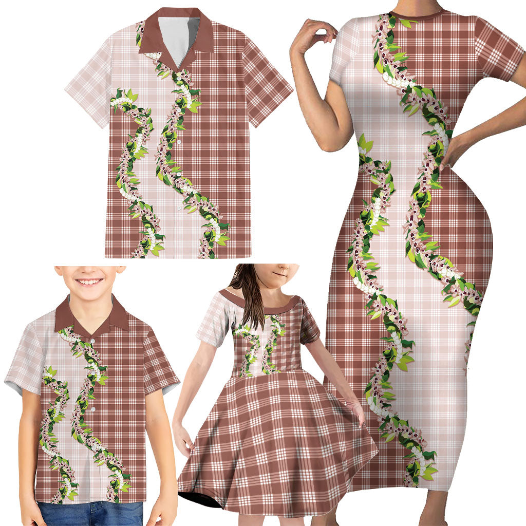 Mocha Hawaii Palaka Family Matching Short Sleeve Bodycon Dress and Hawaiian Shirt Maile Pikake Honohono Orchid Lei