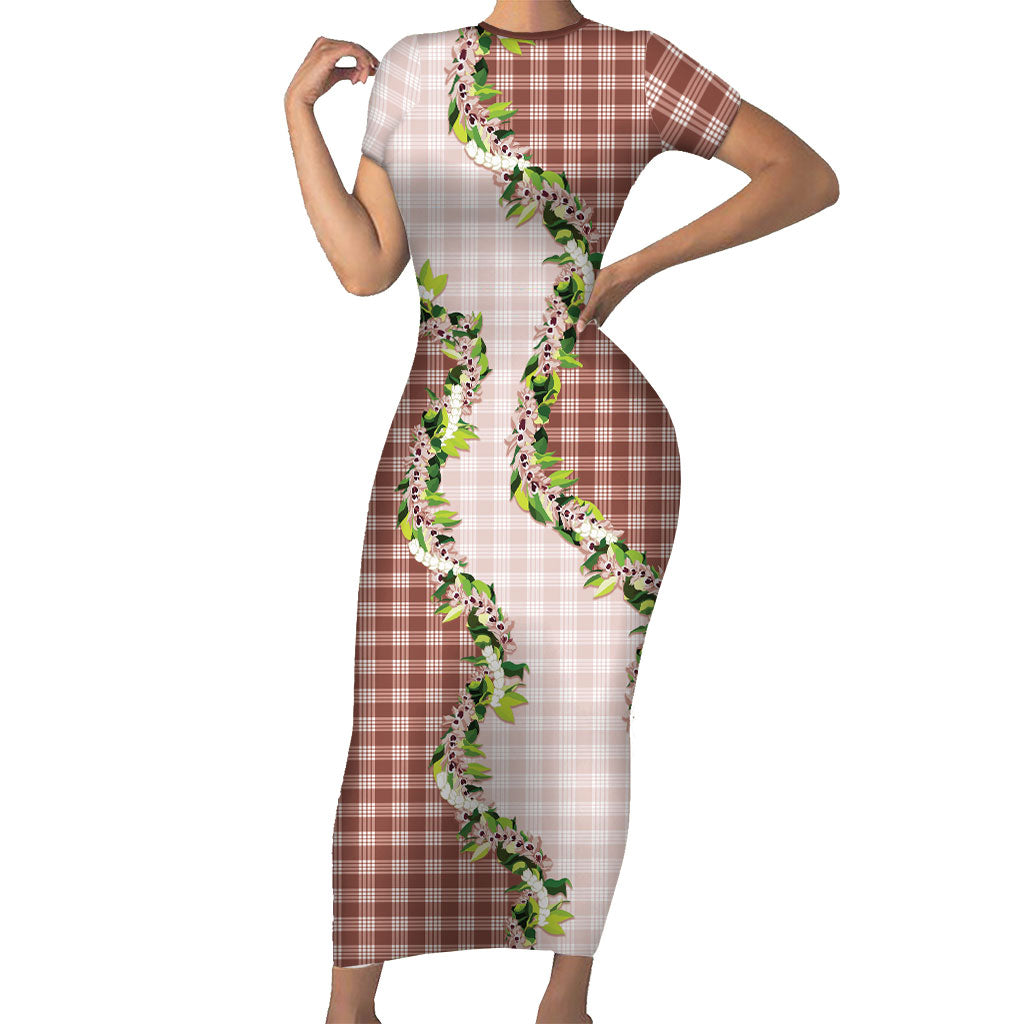 Mocha Hawaii Palaka Family Matching Short Sleeve Bodycon Dress and Hawaiian Shirt Maile Pikake Honohono Orchid Lei