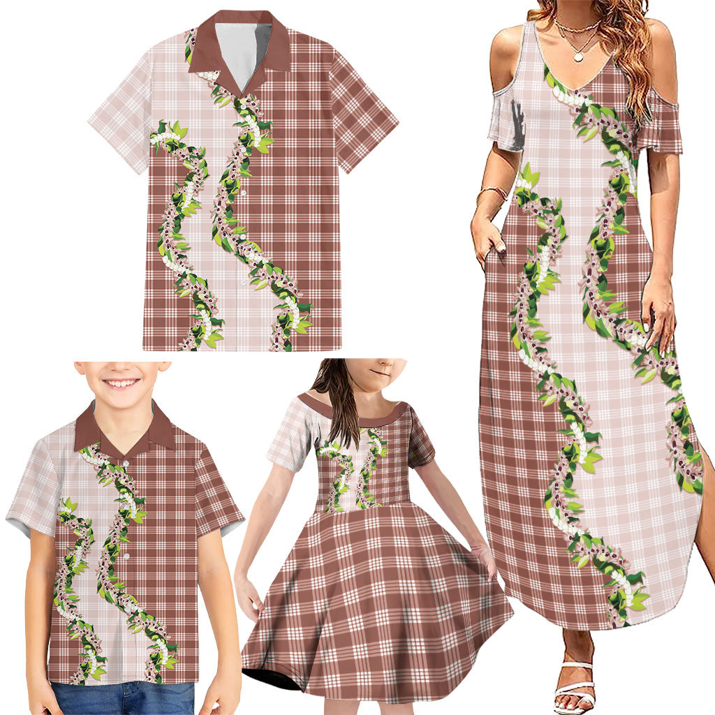 Mocha Hawaii Palaka Family Matching Summer Maxi Dress and Hawaiian Shirt Maile Pikake Honohono Orchid Lei