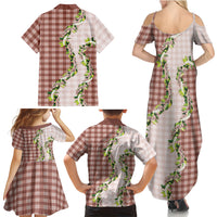 Mocha Hawaii Palaka Family Matching Summer Maxi Dress and Hawaiian Shirt Maile Pikake Honohono Orchid Lei