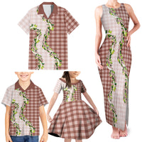 Mocha Hawaii Palaka Family Matching Tank Maxi Dress and Hawaiian Shirt Maile Pikake Honohono Orchid Lei