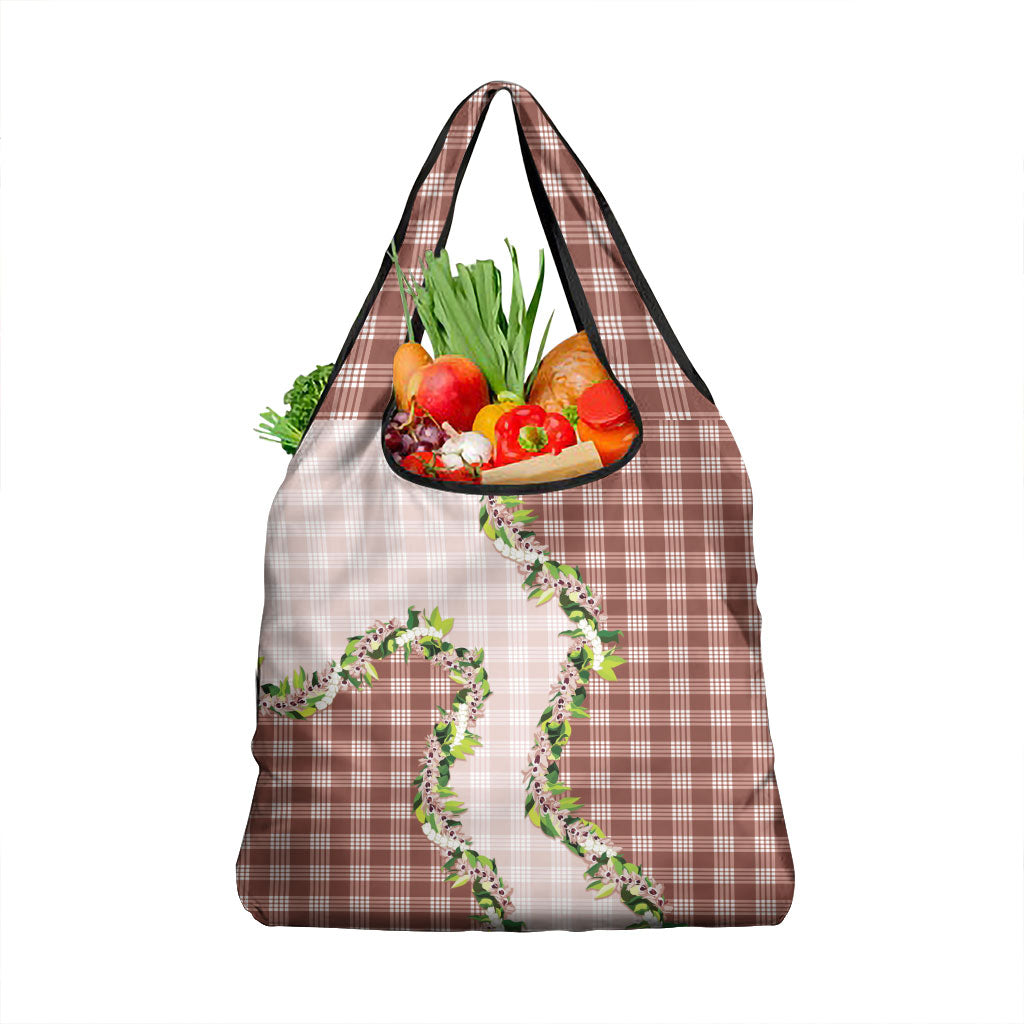 Mocha Hawaii Palaka Grocery Bag Maile Pikake Honohono Orchid Lei
