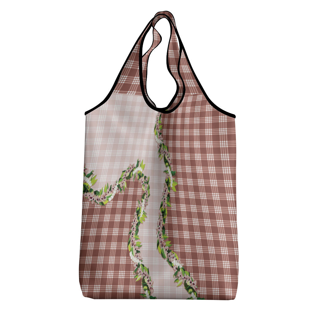 Mocha Hawaii Palaka Grocery Bag Maile Pikake Honohono Orchid Lei