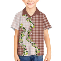 Mocha Hawaii Palaka Kid Hawaiian Shirt Maile Pikake Honohono Orchid Lei