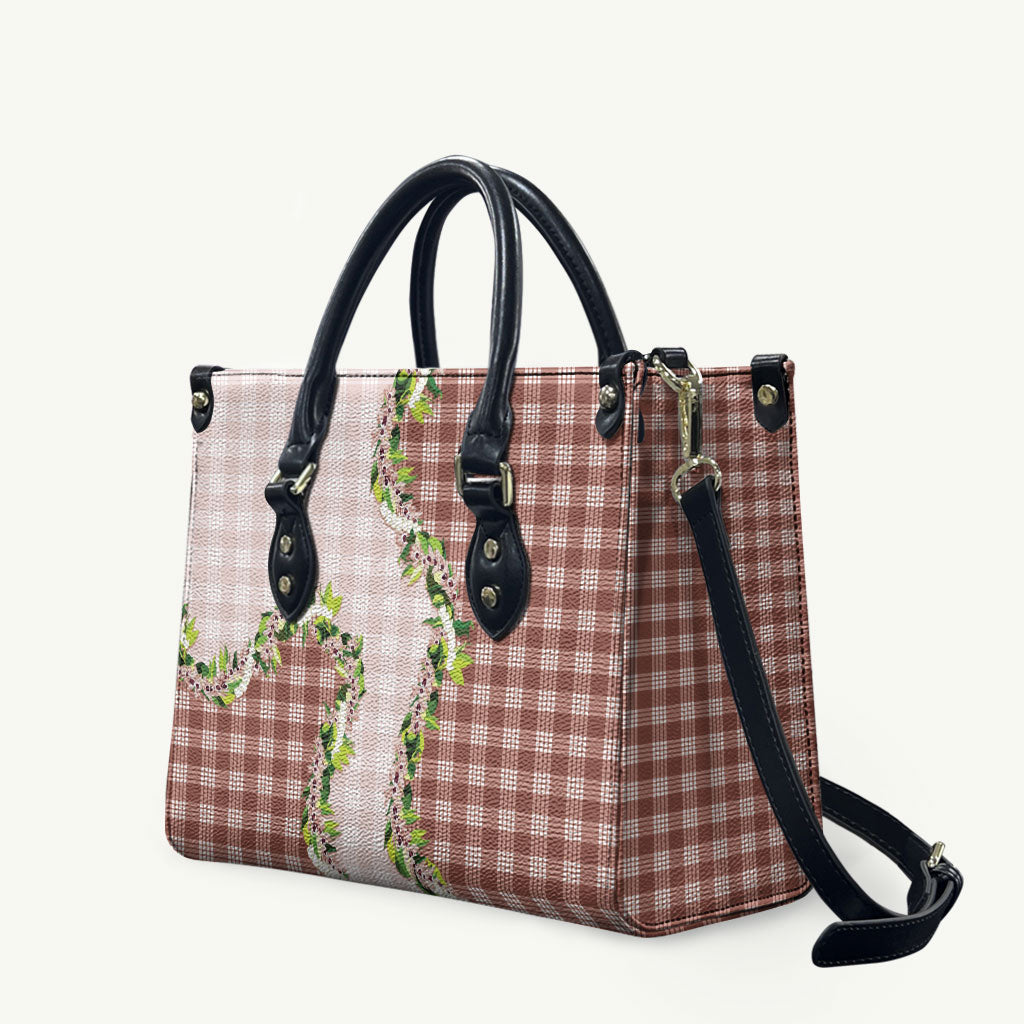 Mocha Hawaii Palaka Leather Bag Maile Pikake Honohono Orchid Lei