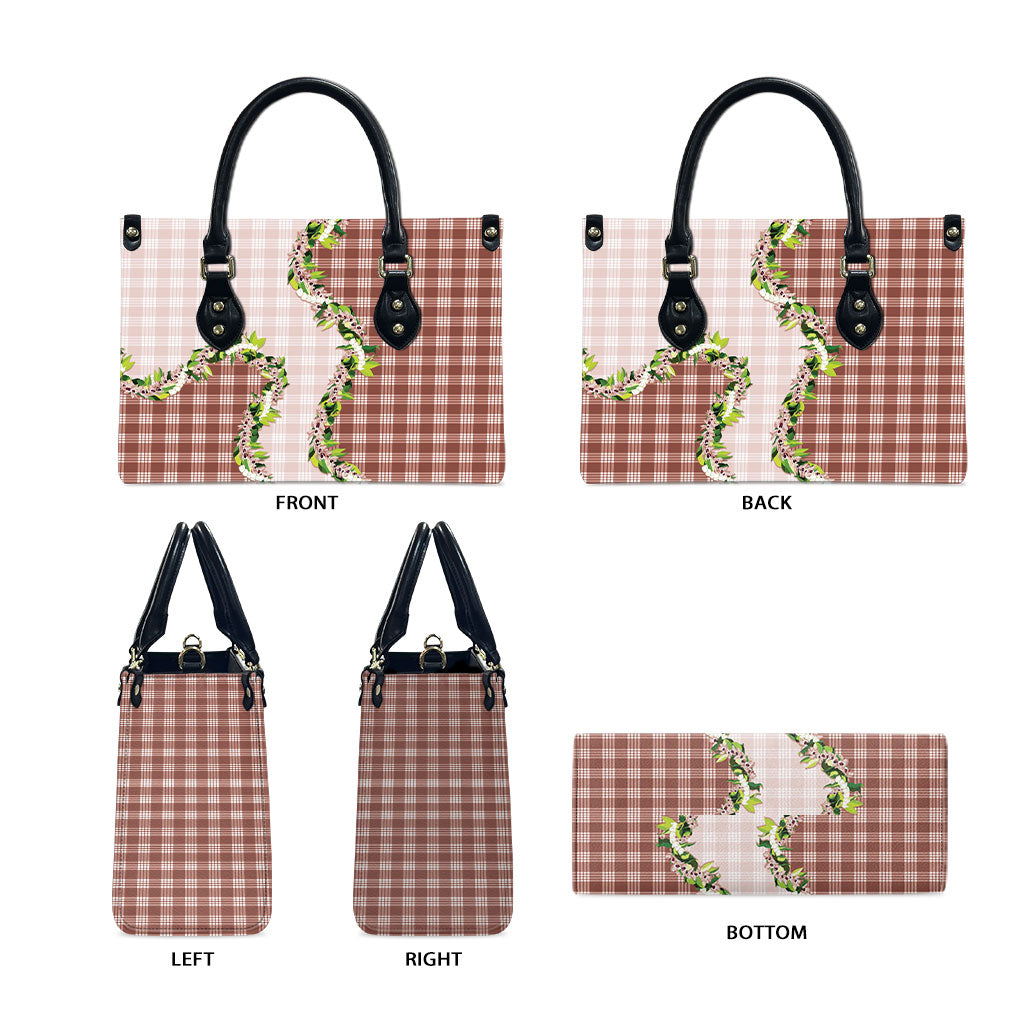 Mocha Hawaii Palaka Leather Bag Maile Pikake Honohono Orchid Lei