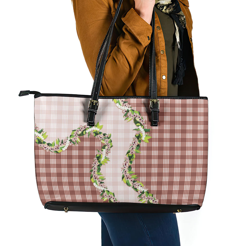 Mocha Hawaii Palaka Leather Tote Bag Maile Pikake Honohono Orchid Lei