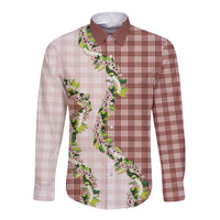 Mocha Hawaii Palaka Long Sleeve Button Shirt Maile Pikake Honohono Orchid Lei