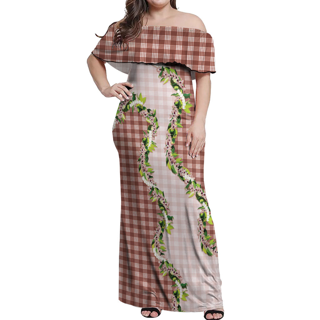 Mocha Hawaii Palaka Off Shoulder Maxi Dress Maile Pikake Honohono Orchid Lei