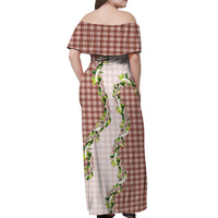 Mocha Hawaii Palaka Off Shoulder Maxi Dress Maile Pikake Honohono Orchid Lei