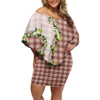 Mocha Hawaii Palaka Off Shoulder Short Dress Maile Pikake Honohono Orchid Lei