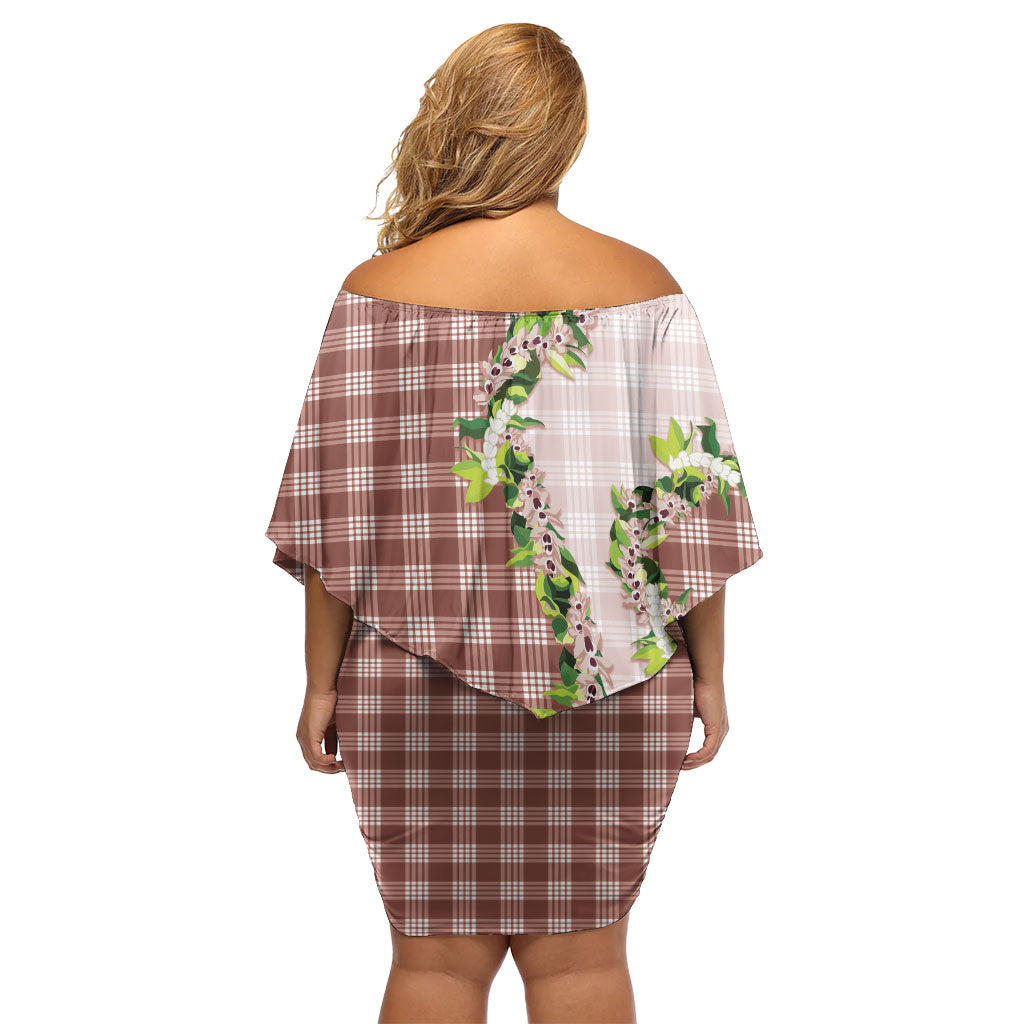 Mocha Hawaii Palaka Off Shoulder Short Dress Maile Pikake Honohono Orchid Lei
