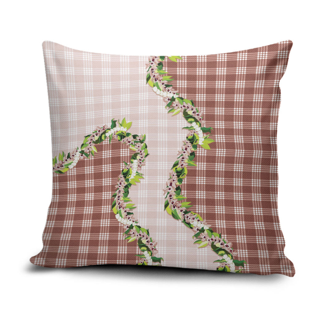 Mocha Hawaii Palaka Pillow Cover Maile Pikake Honohono Orchid Lei