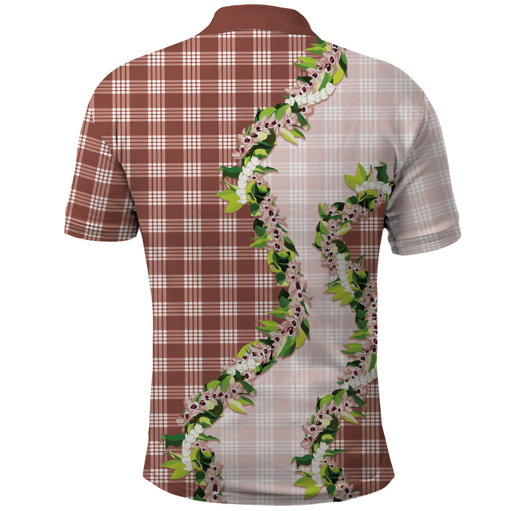 Mocha Hawaii Palaka Polo Shirt Maile Pikake Honohono Orchid Lei