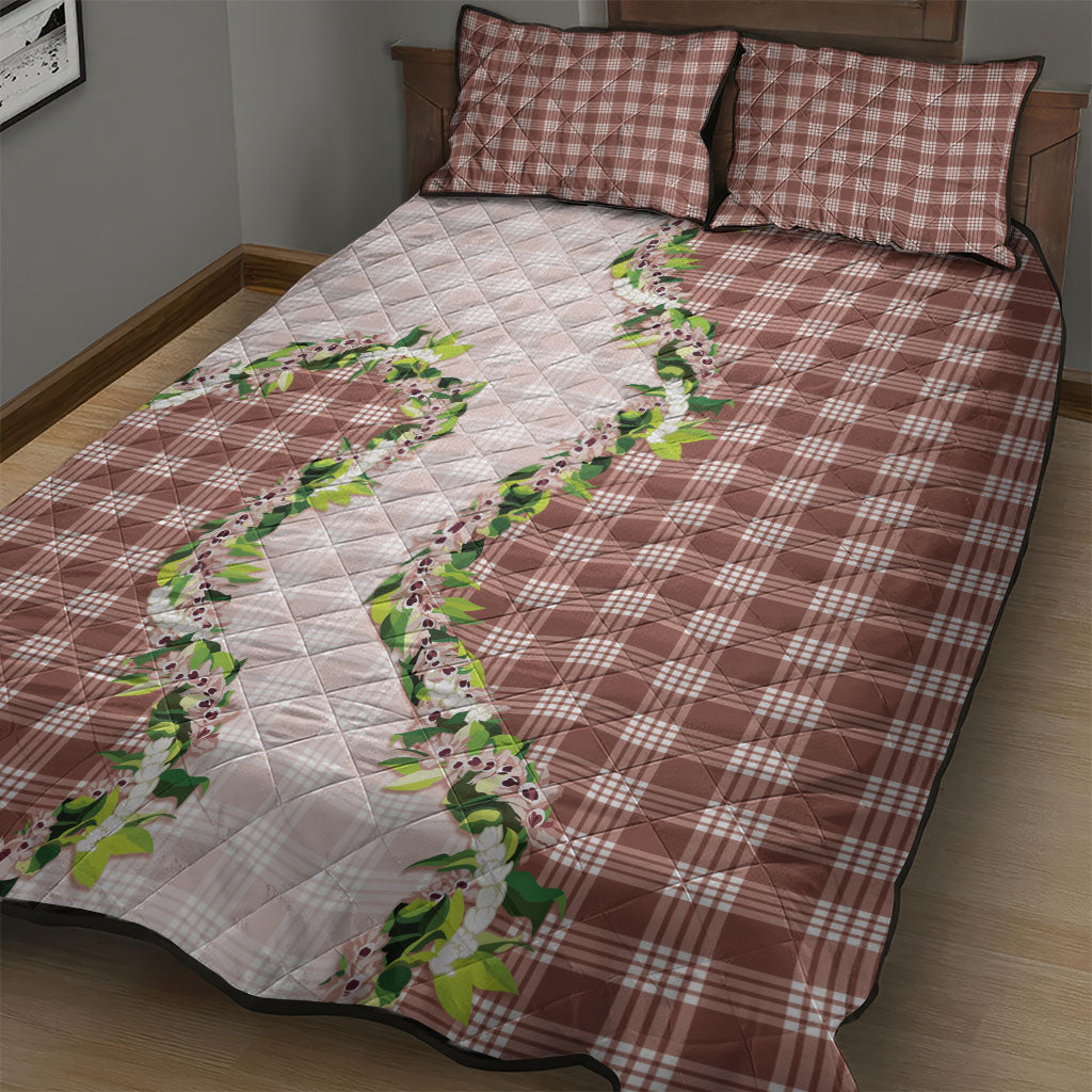 Mocha Hawaii Palaka Quilt Bed Set Maile Pikake Honohono Orchid Lei