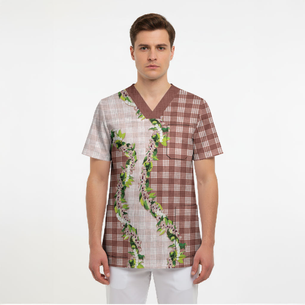 Mocha Hawaii Palaka Scrub Top Maile Pikake Honohono Orchid Lei