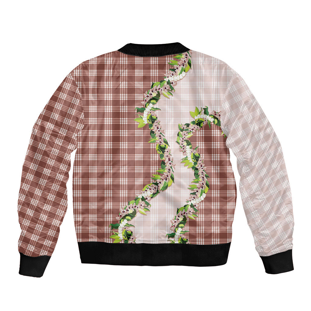 Mocha Hawaii Palaka Sleeve Zip Bomber Jacket Maile Pikake Honohono Orchid Lei