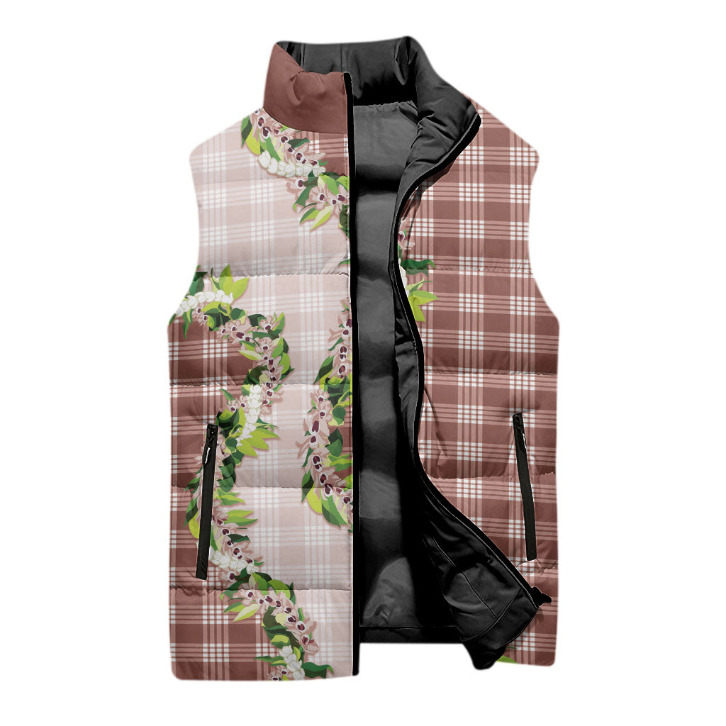 Mocha Hawaii Palaka Sleeveless Puffer Jacket Maile Pikake Honohono Orchid Lei