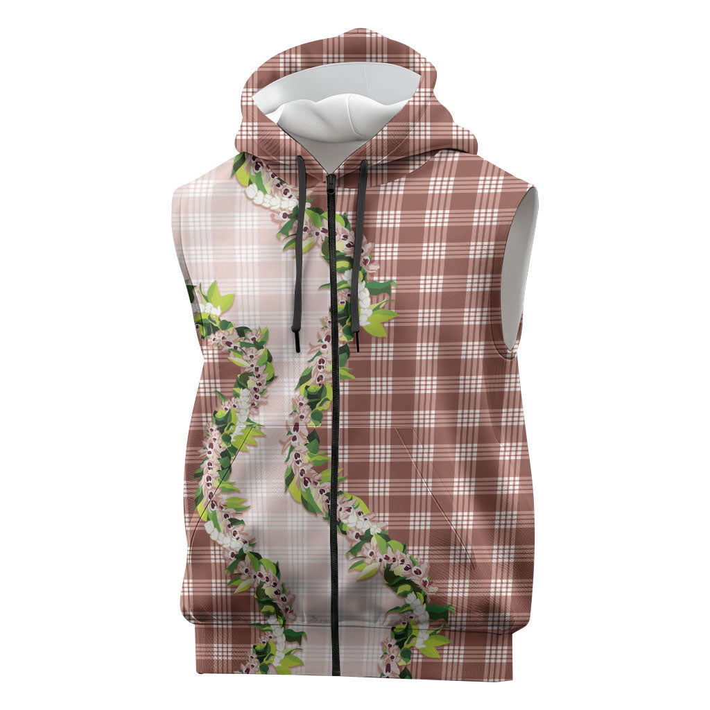 Mocha Hawaii Palaka Sleeveless Zip Hoodie Maile Pikake Honohono Orchid Lei