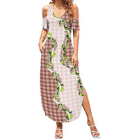 Mocha Hawaii Palaka Summer Maxi Dress Maile Pikake Honohono Orchid Lei