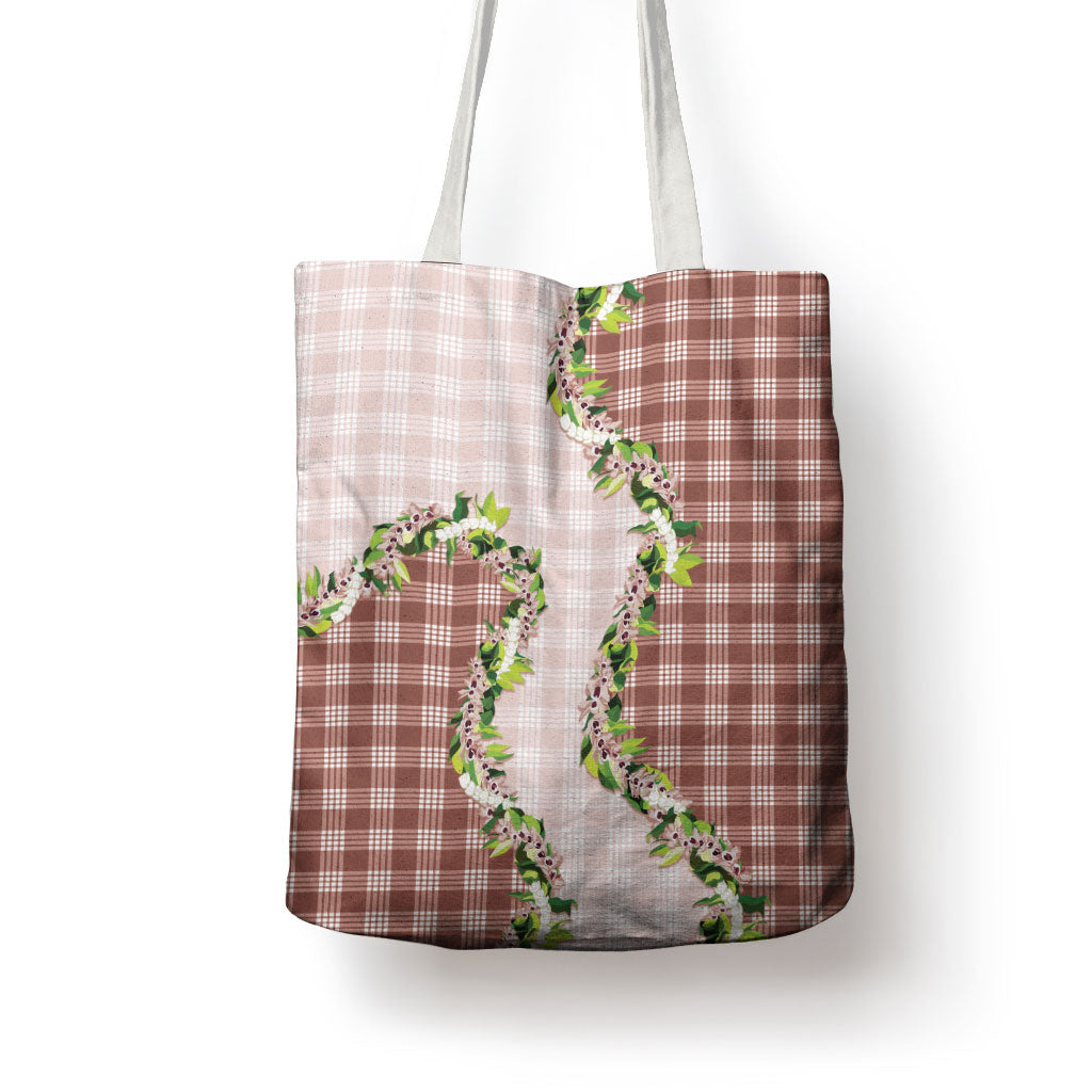 Mocha Hawaii Palaka Tote Bag Maile Pikake Honohono Orchid Lei