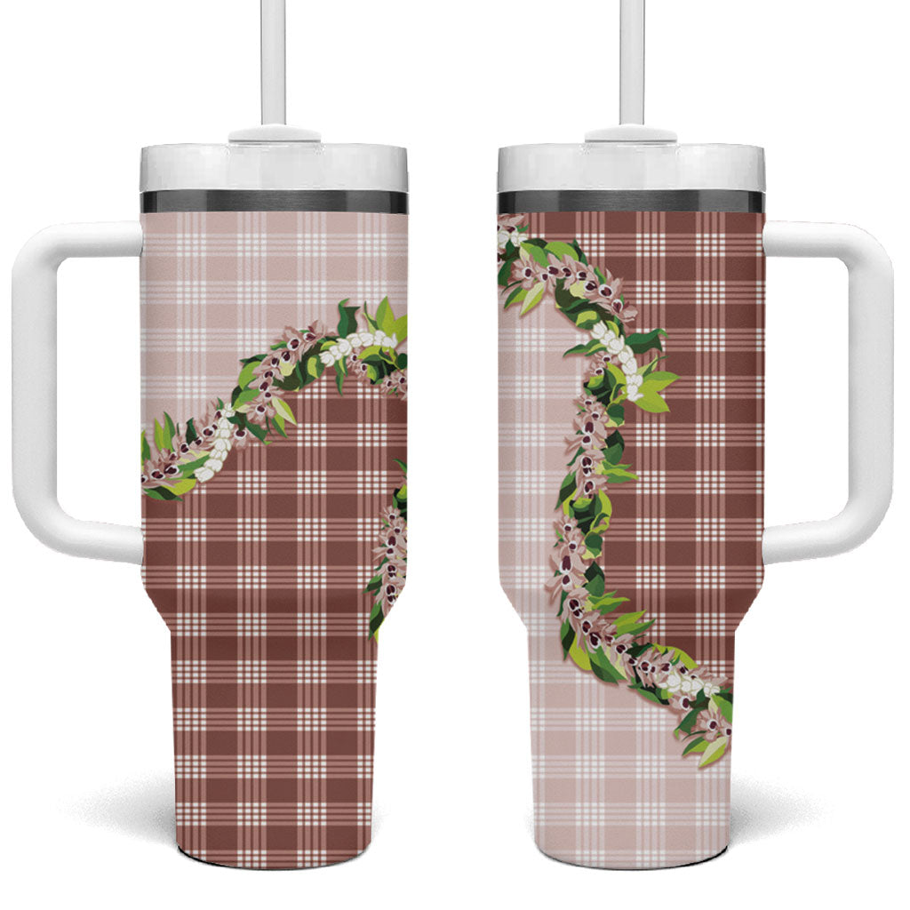 Mocha Hawaii Palaka Tumbler With Handle Maile Pikake Honohono Orchid Lei LT05 One Size: 40 oz Mocha - Polynesian Pride