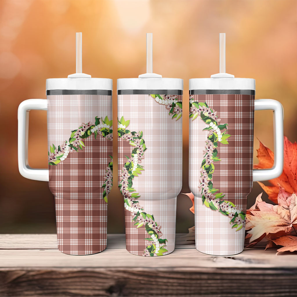 Mocha Hawaii Palaka Tumbler With Handle Maile Pikake Honohono Orchid Lei