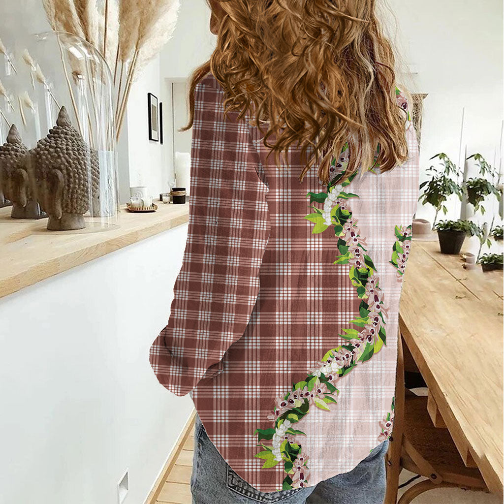 Mocha Hawaii Palaka Women Casual Shirt Maile Pikake Honohono Orchid Lei