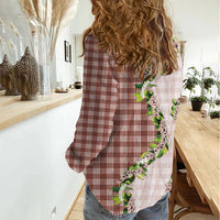 Mocha Hawaii Palaka Women Casual Shirt Maile Pikake Honohono Orchid Lei
