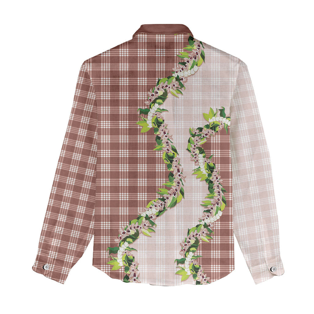 Mocha Hawaii Palaka Women Casual Shirt Maile Pikake Honohono Orchid Lei