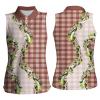 Mocha Hawaii Palaka Women Sleeveless Polo Shirt Maile Pikake Honohono Orchid Lei