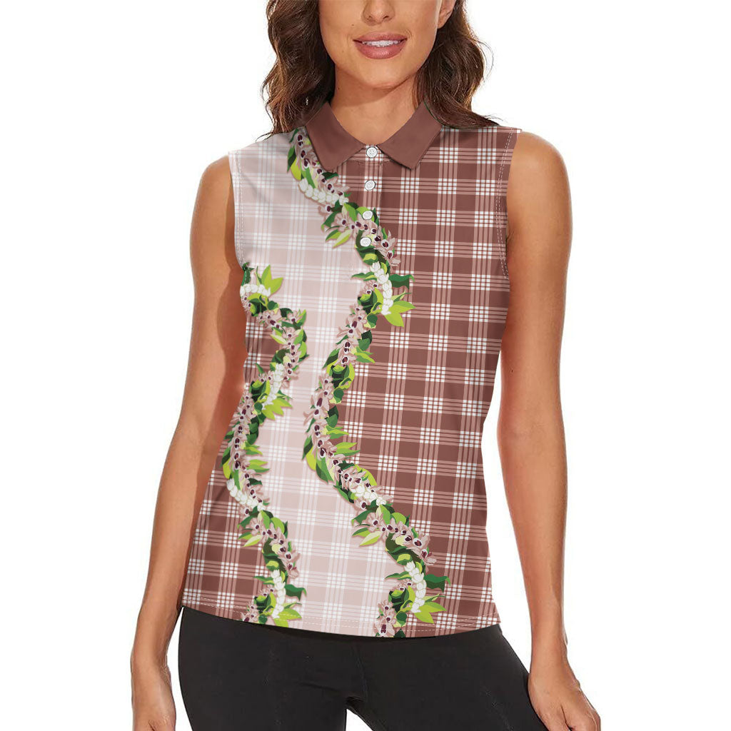 Mocha Hawaii Palaka Women Sleeveless Polo Shirt Maile Pikake Honohono Orchid Lei