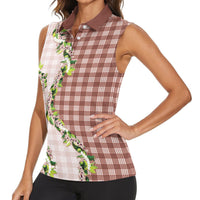 Mocha Hawaii Palaka Women Sleeveless Polo Shirt Maile Pikake Honohono Orchid Lei