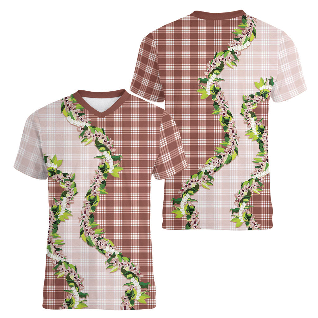 Mocha Hawaii Palaka Women V-Neck T-Shirt Maile Pikake Honohono Orchid Lei