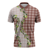 Mocha Hawaii Palaka Zipper Polo Shirt Maile Pikake Honohono Orchid Lei